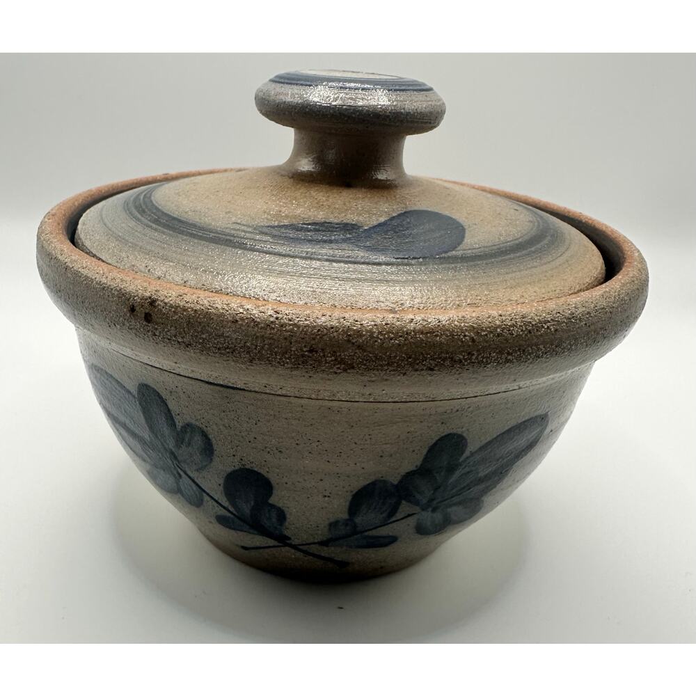 Vintage Rare Rowe Pottery Works Blue Floral Salt Glaze Med Size Crock w/ Lid - Picture 10 of 11